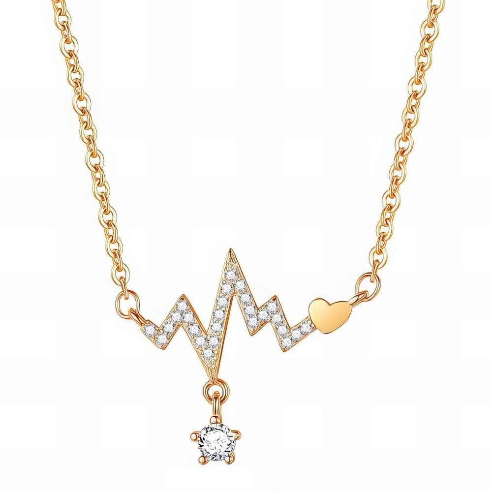 Heartbeat Pulse Necklace | 18K Gold Plated Stainless Steel | CZ Solitaire & Hear